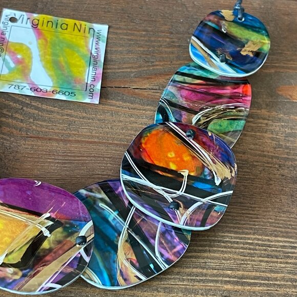 Virginia Nin Puerto Rico Artist Two Sided Statement Necklace Resin One of a Kind - Picture 5 of 8